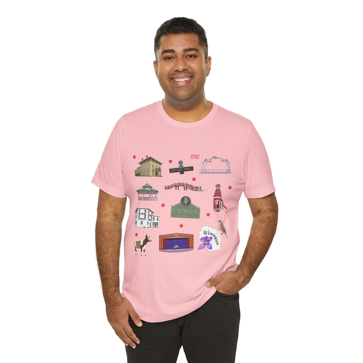 Unisex Jersey Short Sleeve Tee with Janesville, Wisconsin WI landmarks print