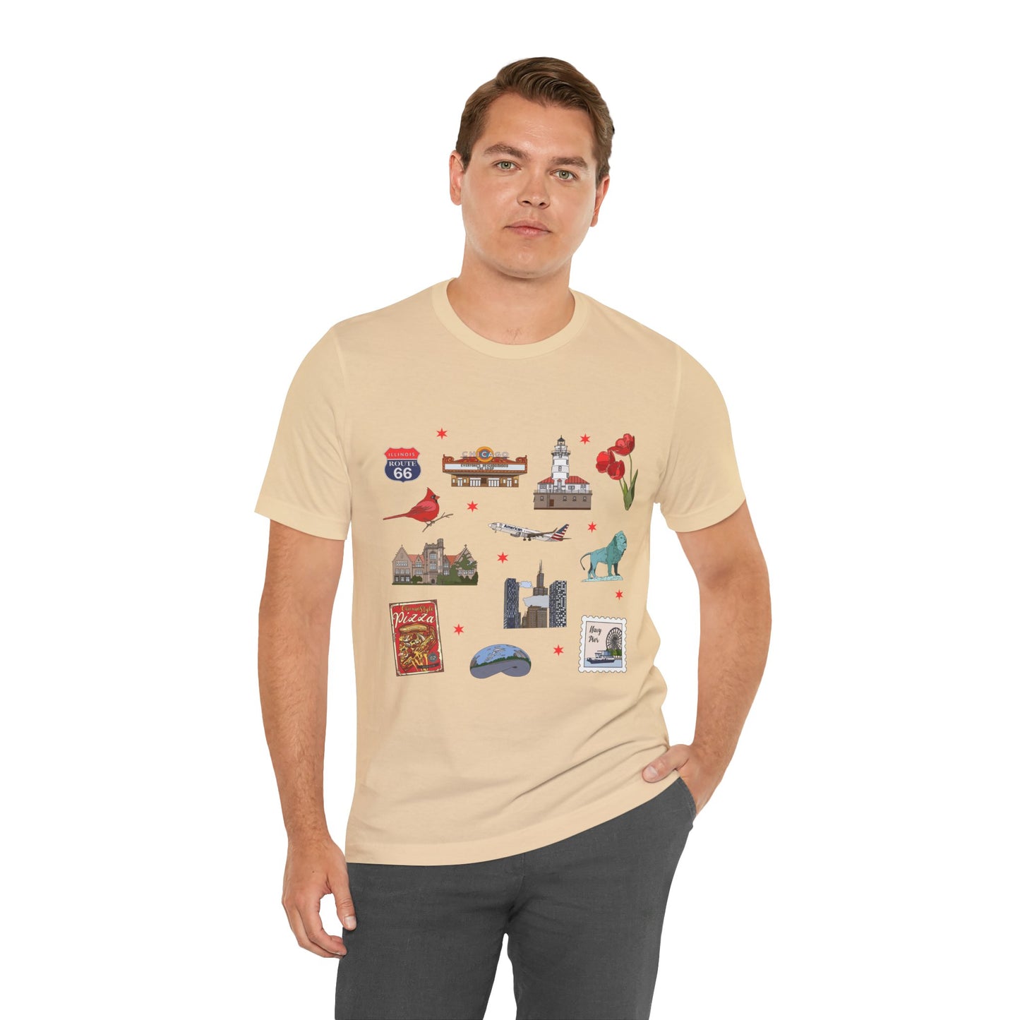 Unisex Jersey Short Sleeve Tee with Chicago, Illinois IL landmarks print