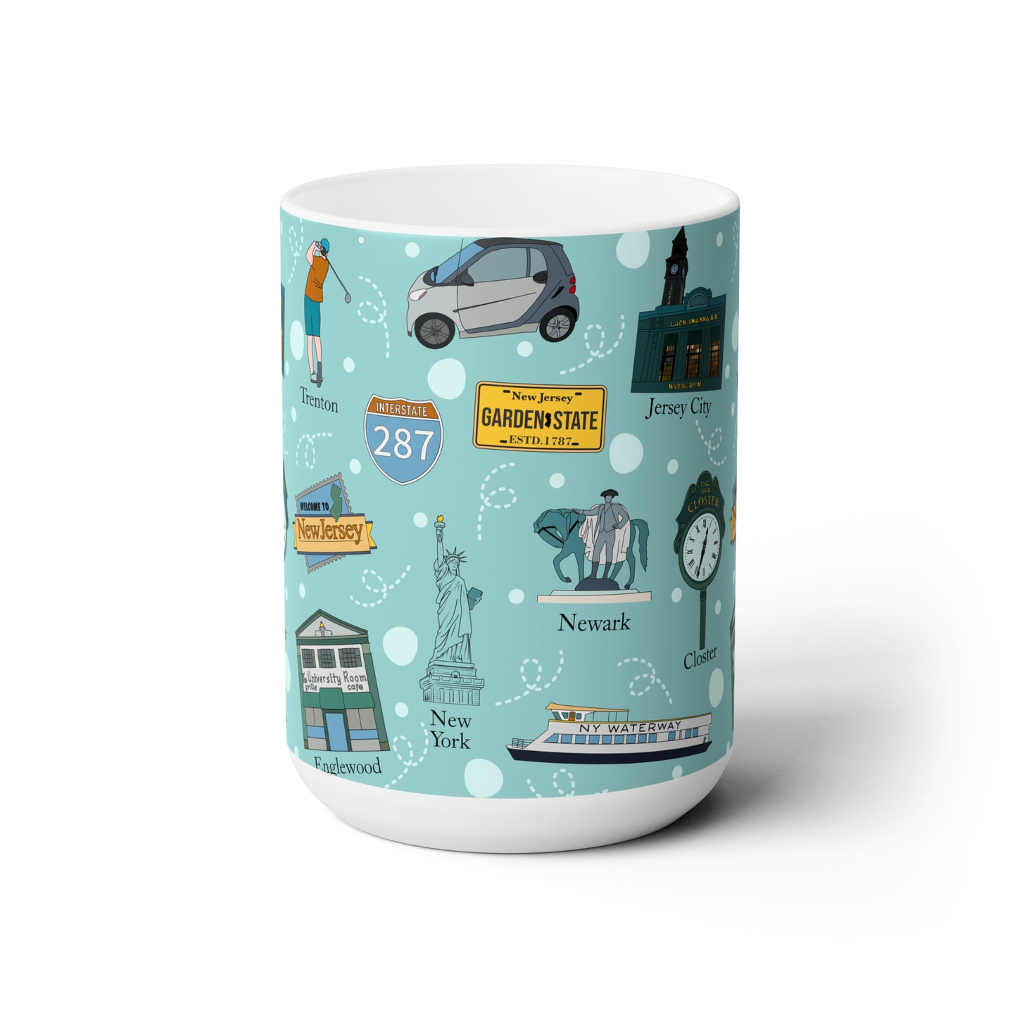 Ceramic Mug 15oz with New Jersey in light teal