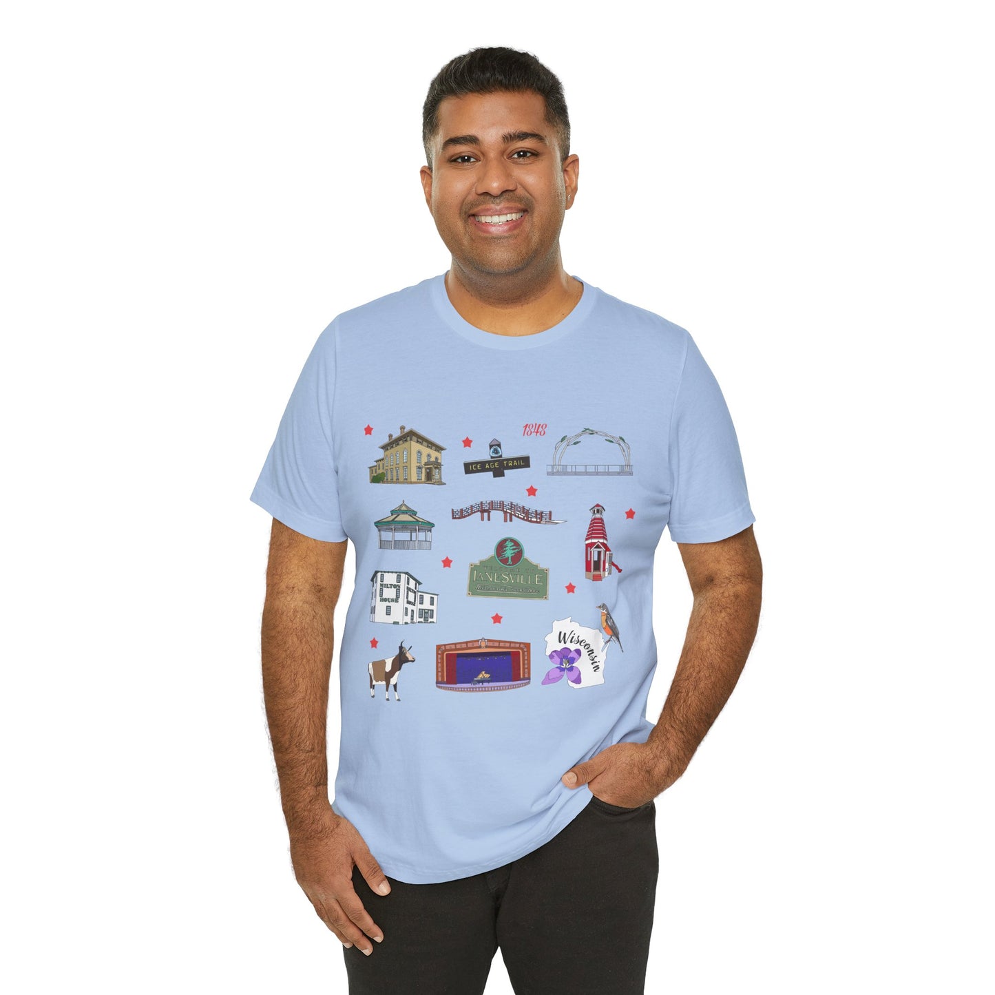 Unisex Jersey Short Sleeve Tee with Janesville, Wisconsin WI landmarks print