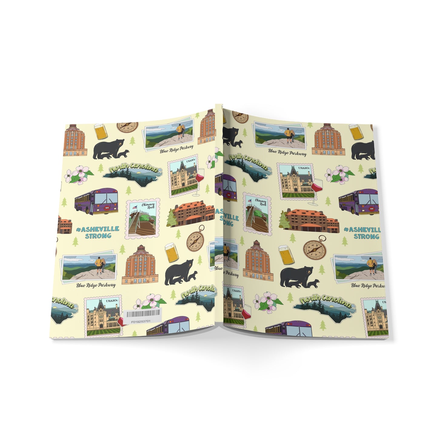Paperback notebook with Asheville, North Carolina NC landmarks in light yellow 150 lined pages