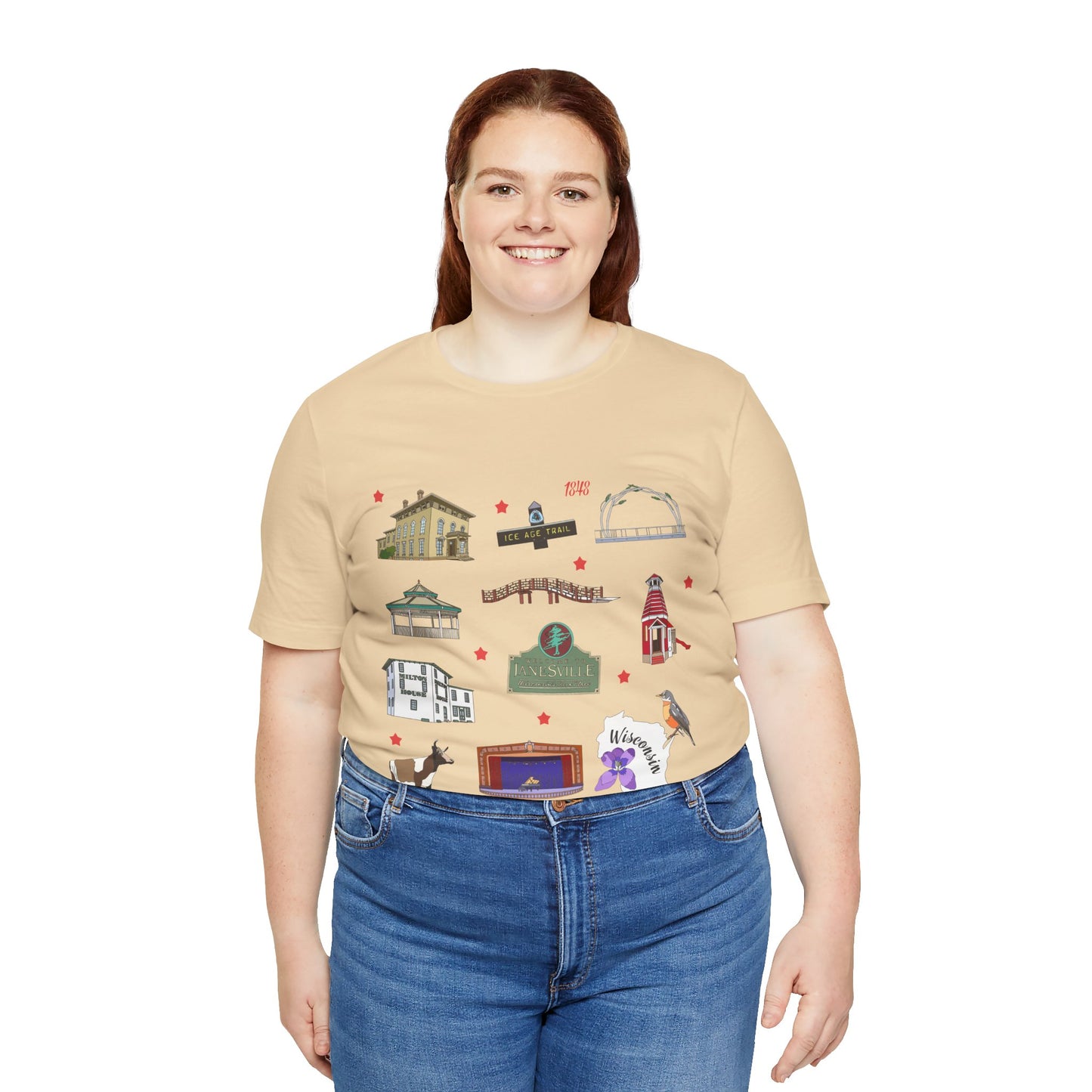 Unisex Jersey Short Sleeve Tee with Janesville, Wisconsin WI landmarks print