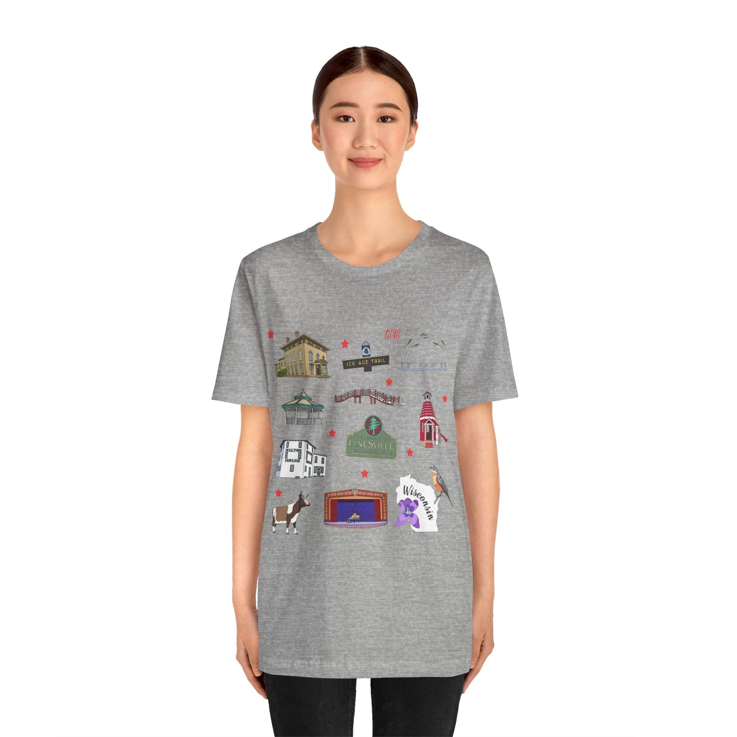 Unisex Jersey Short Sleeve Tee with Janesville, Wisconsin WI landmarks print