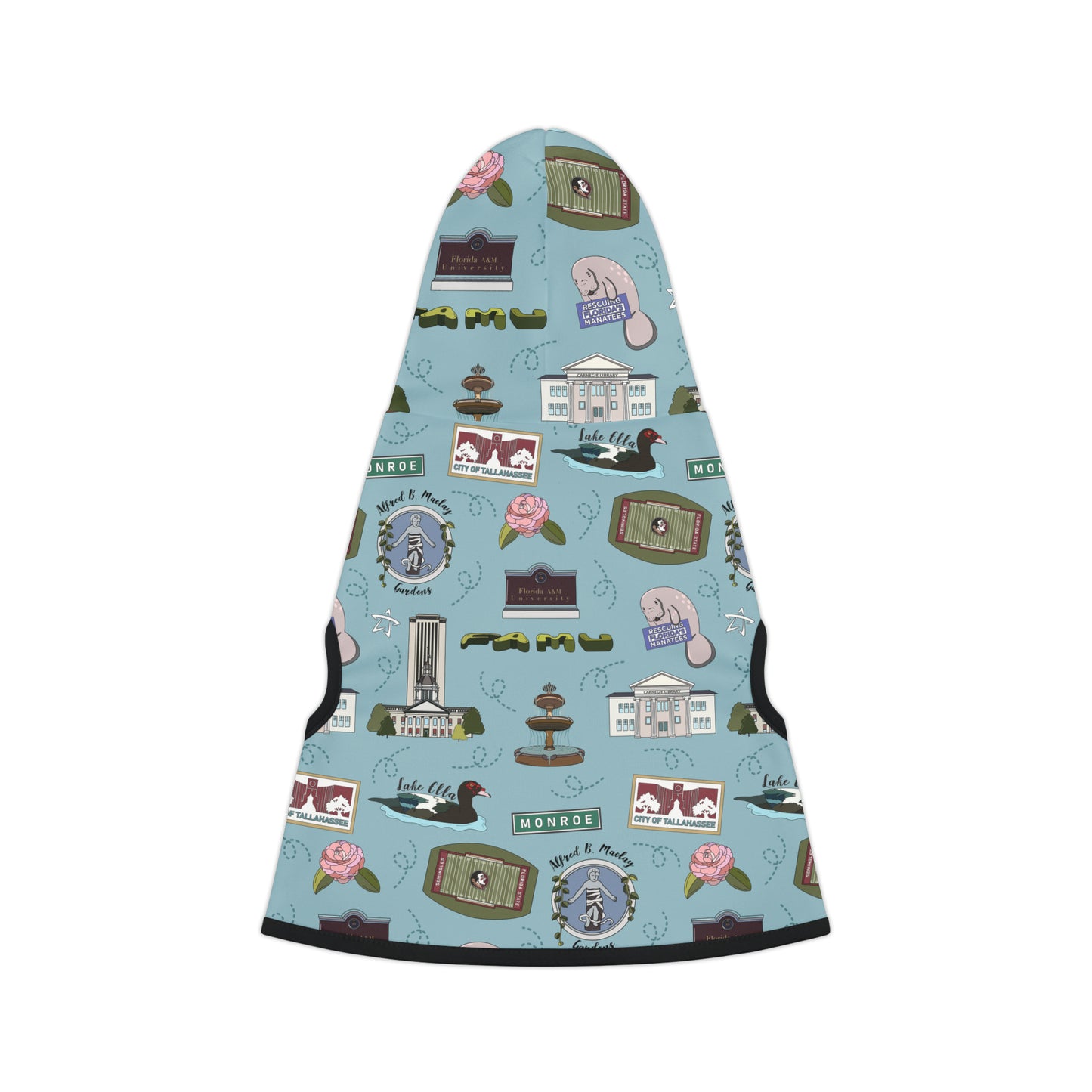 Pet Hoodie with Tallahassee Florida landmarks in blue