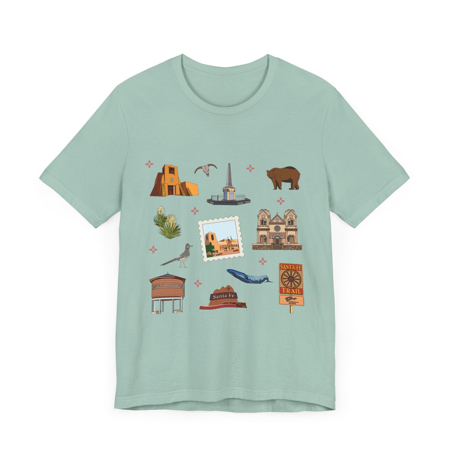 Unisex Jersey Short Sleeve Tee with Santa Fe, New Mexico NM landmarks print