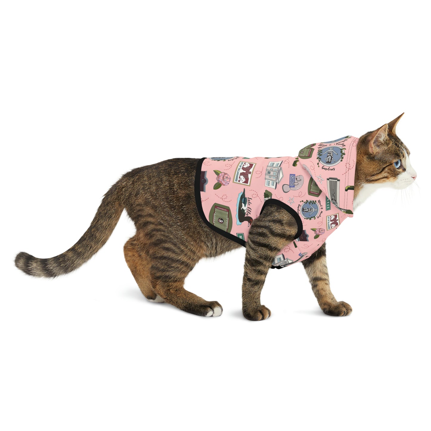 Pet Hoodie with Tallahassee Florida landmarks in pink