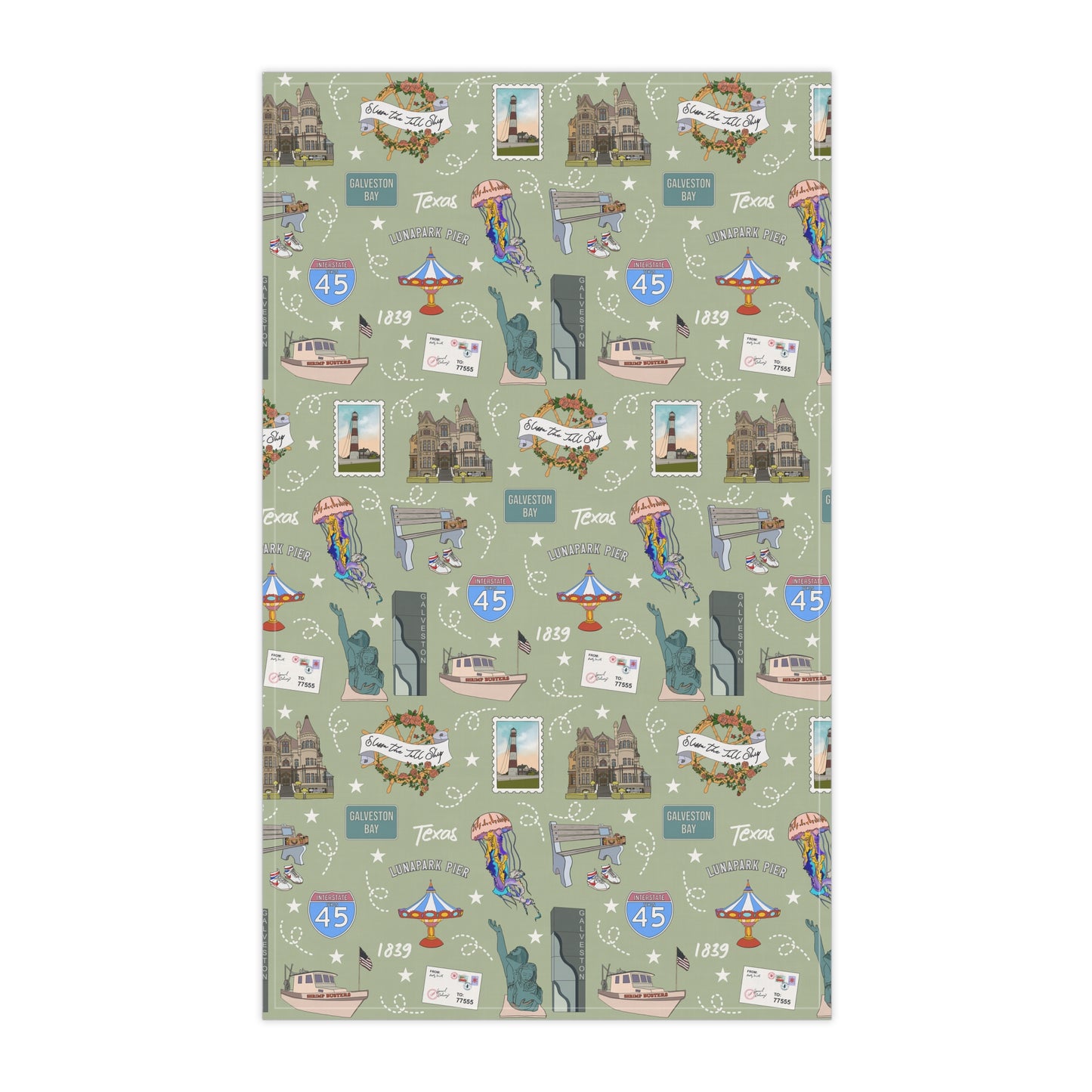 Kitchen Towel with Galveston, TX in olive