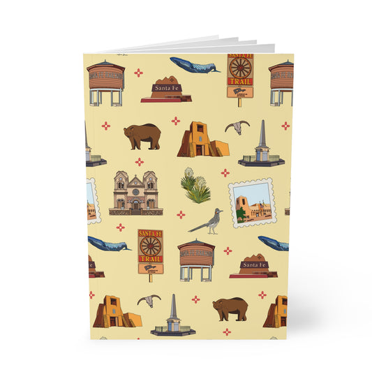 Paperback notebook with Santa Fe, New Mexico NM landmarks in crayola's lemon yellow 150 lined pages