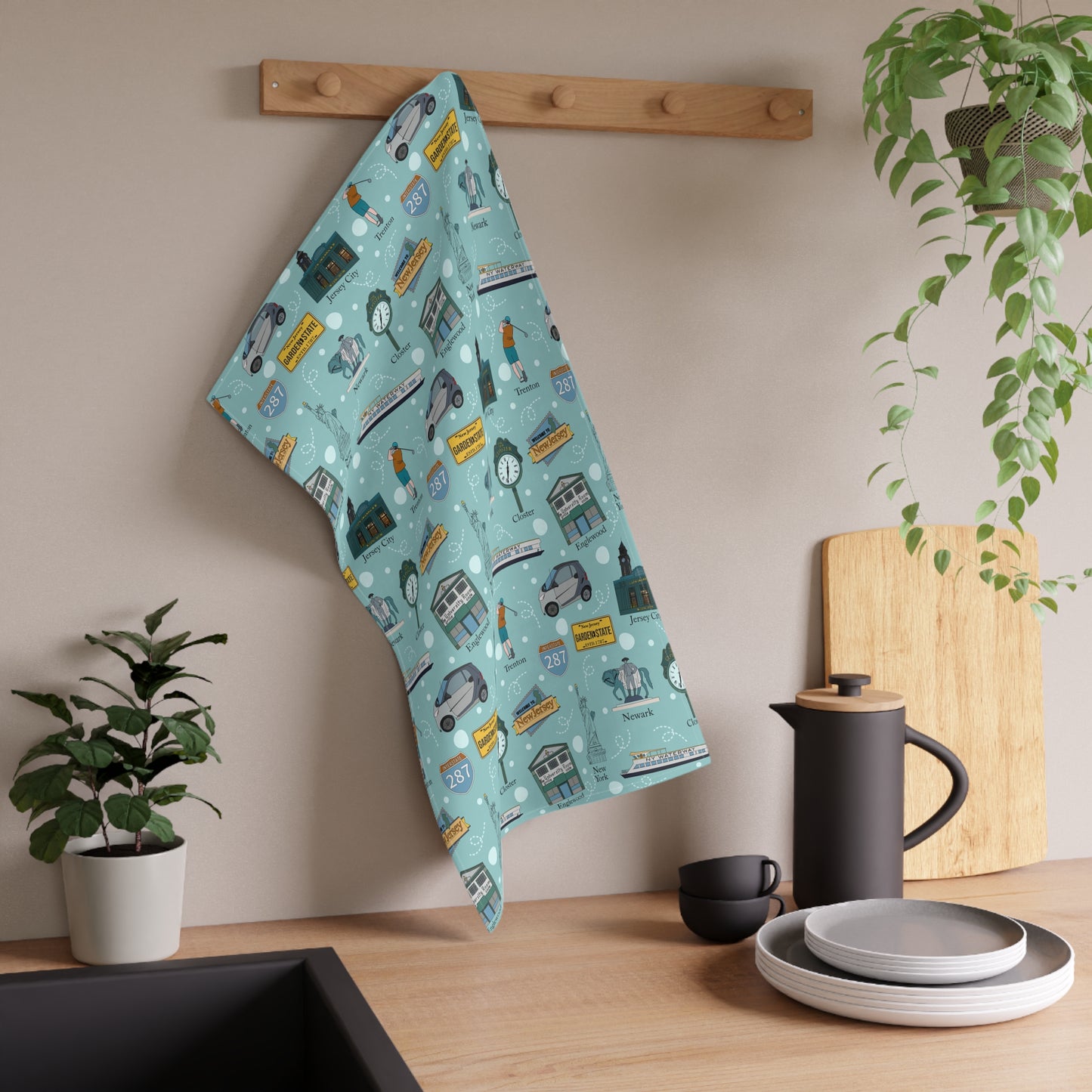 Kitchen Towel with New Jersey in light teal