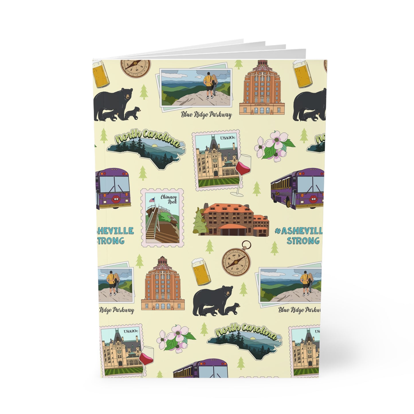 Paperback notebook with Asheville, North Carolina NC landmarks in light yellow 150 lined pages