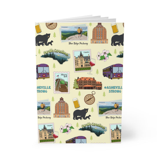 Paperback notebook with Asheville, North Carolina NC landmarks in light yellow 150 lined pages