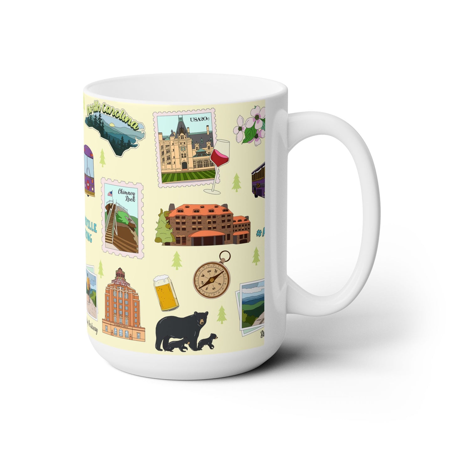 Ceramic Mug 15oz with Asheville, North Carolina NC in light yellow