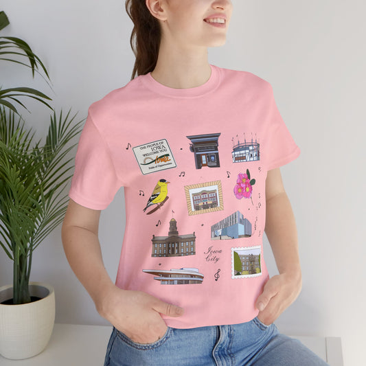 Unisex Jersey Short Sleeve Tee with Iowa City, Iowa IA landmarks print