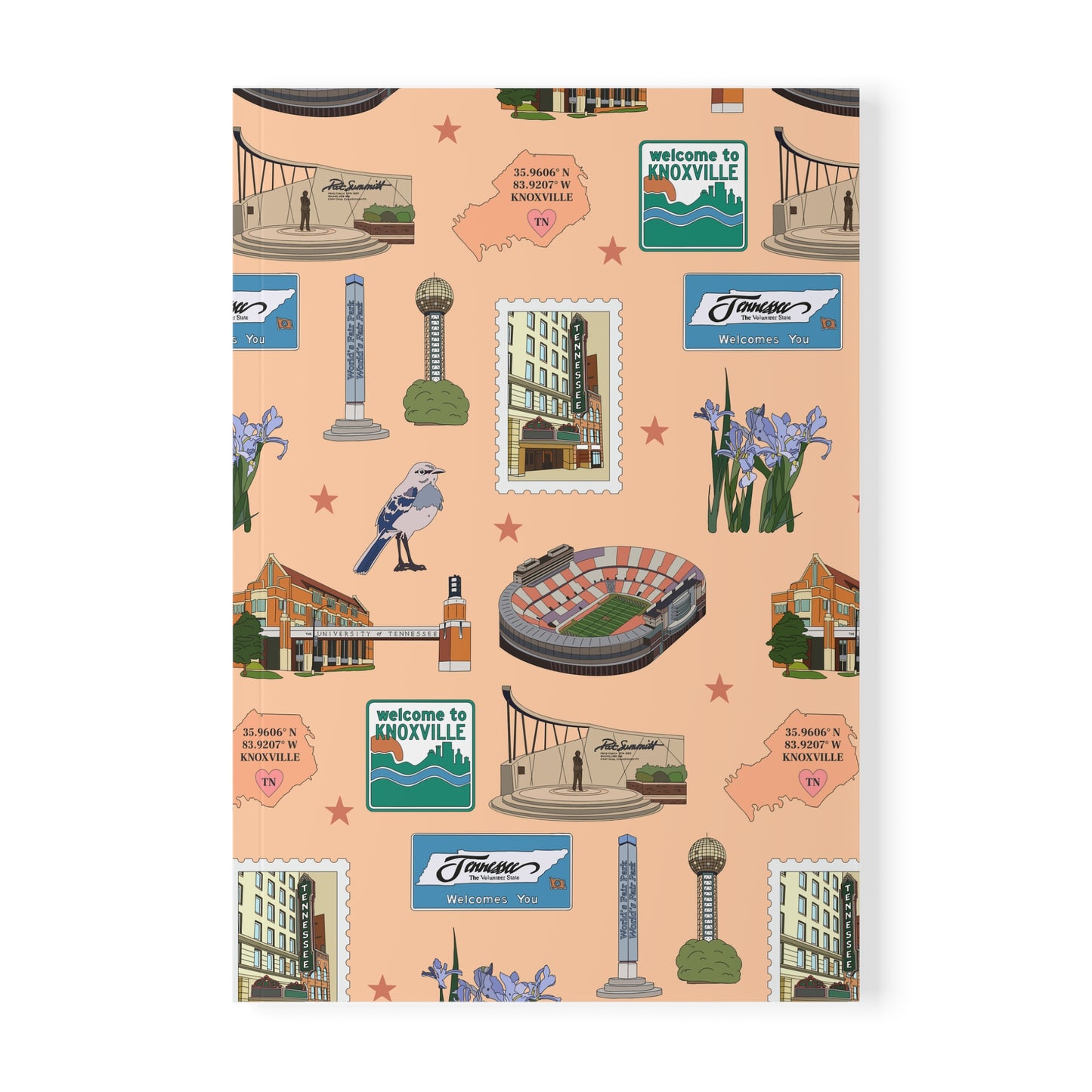 Paperback notebook with Knoxville, Tennessee TN landmarks in peach 150 lined pages