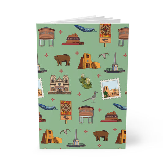 Paperback notebook with Santa Fe, New Mexico NM landmarks in green tea 150 lined pages