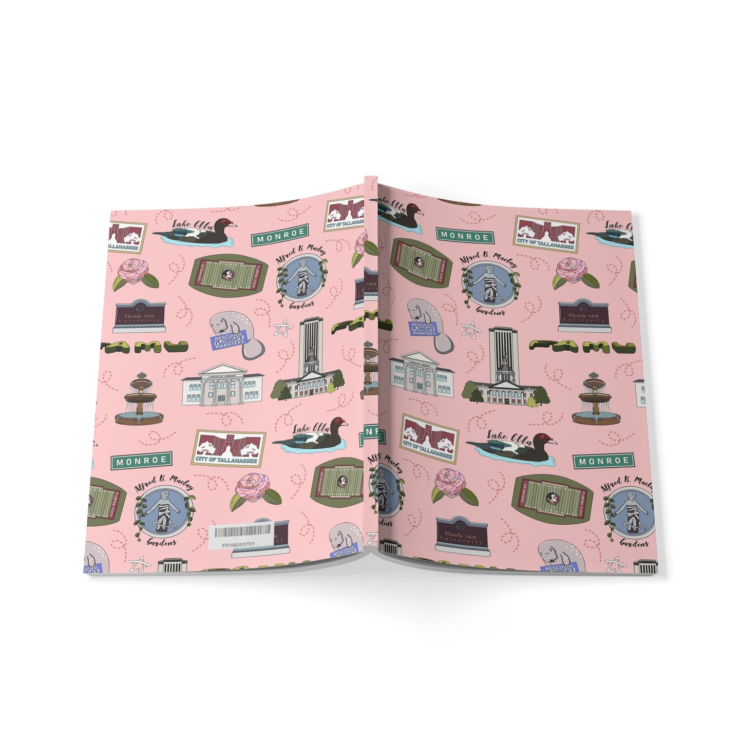 Paperback notebook with Tallahassee FL landmarks in pink, 150 lined sheets