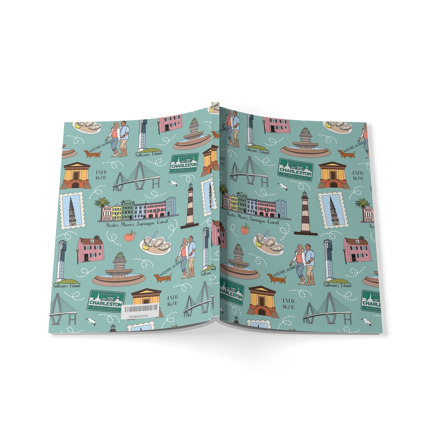 Paperback notebook with Charleston, SC landmarks in sage 150 lined sheets