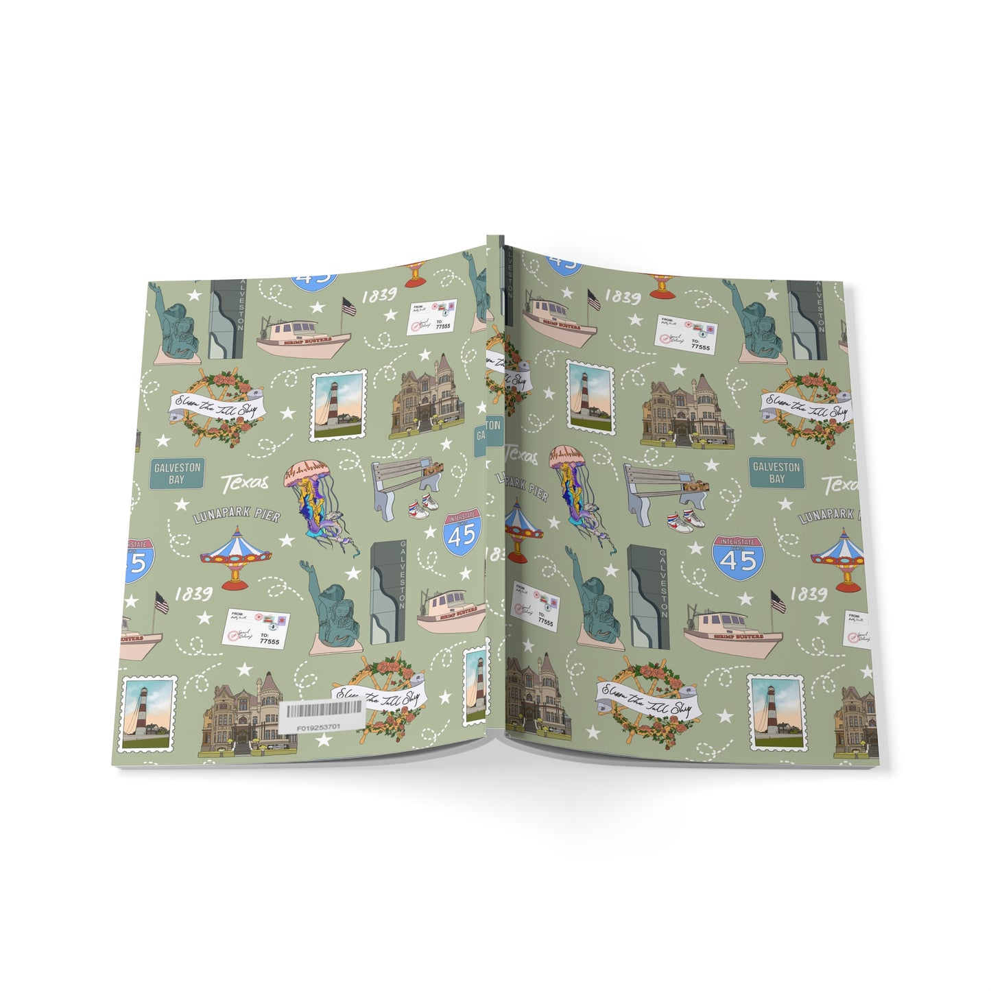 Paperback notebook with Galveston, TX landmarks in olive 150 lined pages