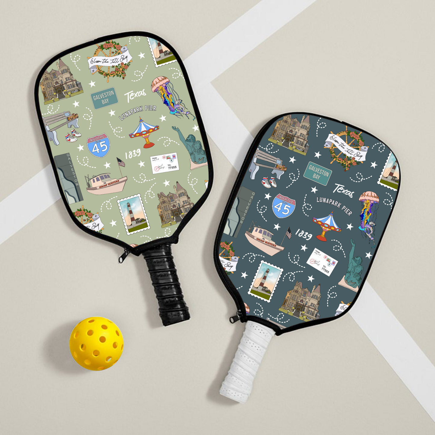 Pickleball paddle cover with Galveston, TX