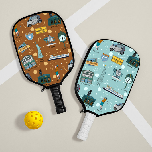 Pickleball paddle cover with NY & NJ cities