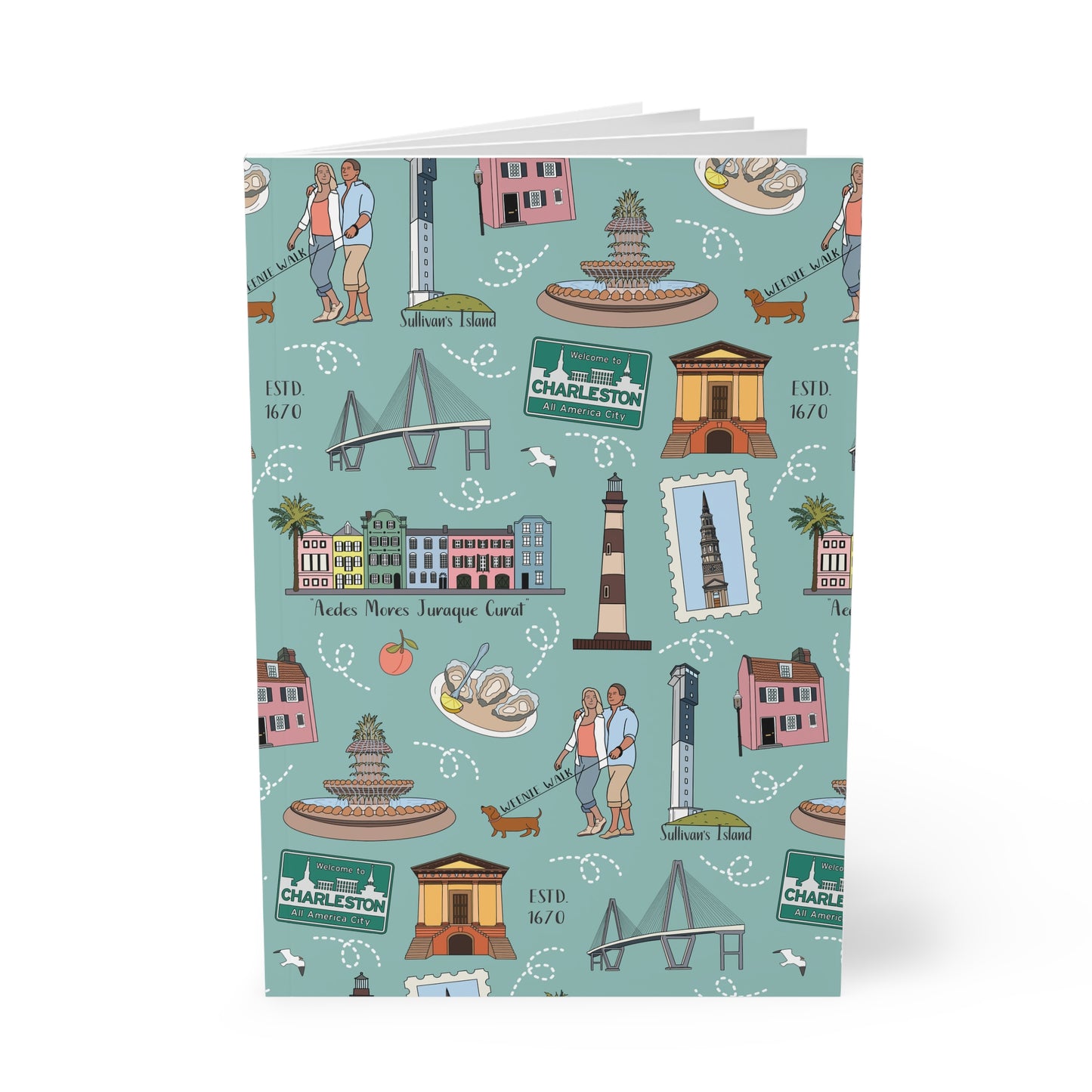 Paperback notebook with Charleston, SC landmarks in sage 150 lined sheets