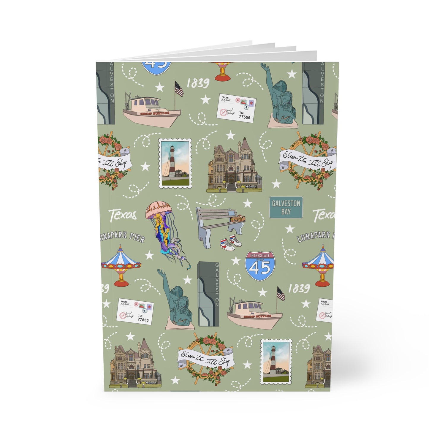 Paperback notebook with Galveston, TX landmarks in olive 150 lined pages