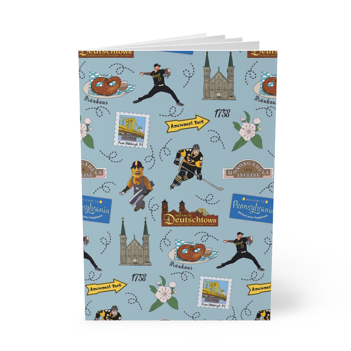 Paperback notebook with Pittsburgh, PA landmarks in dusty blue 150 lined pages