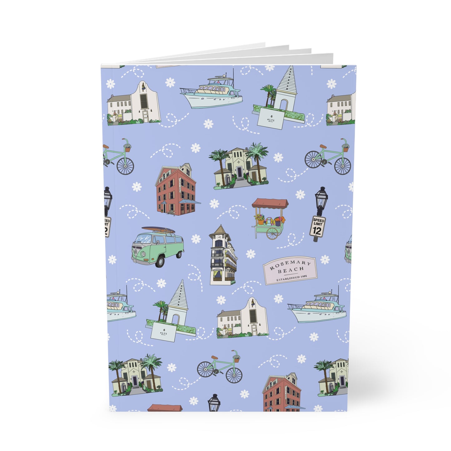 Paperback notebook with 30A, FL landmarks in lilac 150 lined pages