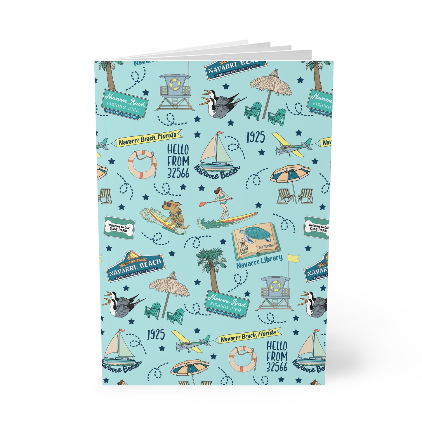 Paperback notebook with Navarre Beach, FL landmarks in sky blue 150 lined pages