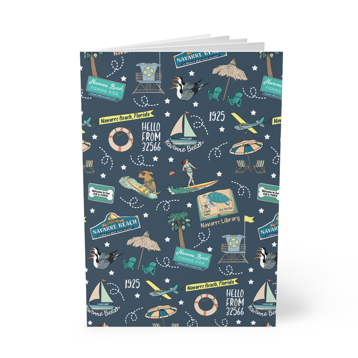 Paperback notebook with Navarre Beach, FL landmarks in navy 150 lined pages