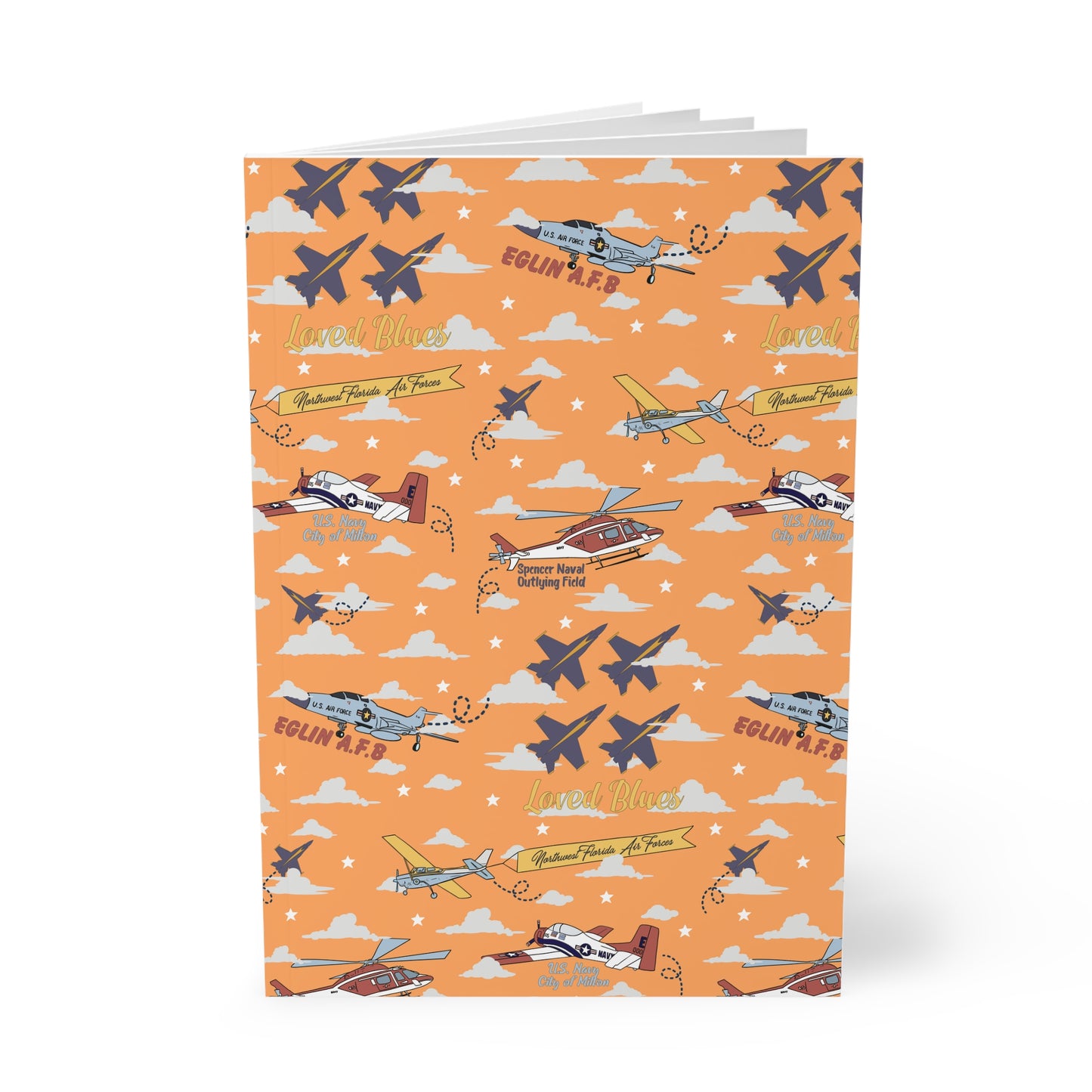 Paperback notebook with Blue Angels in orange, 150 sheets