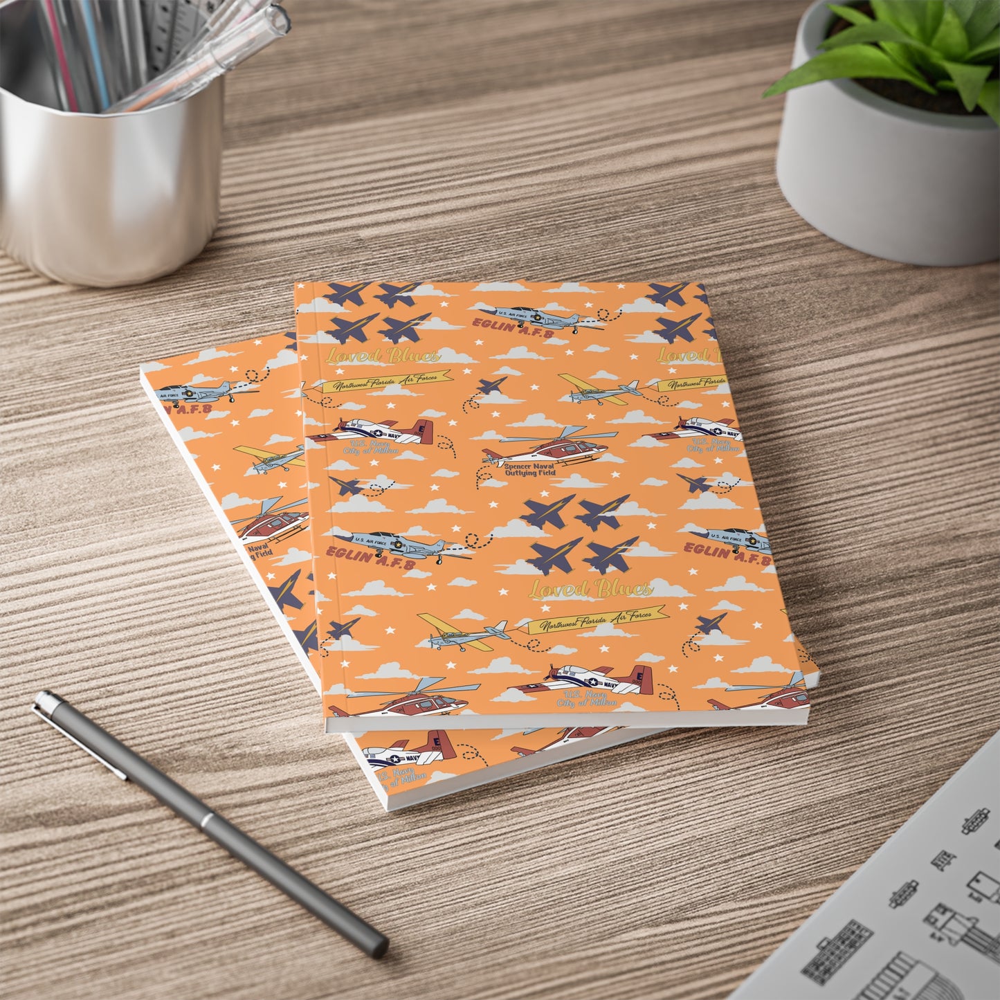 Paperback notebook with Blue Angels in orange, 150 sheets