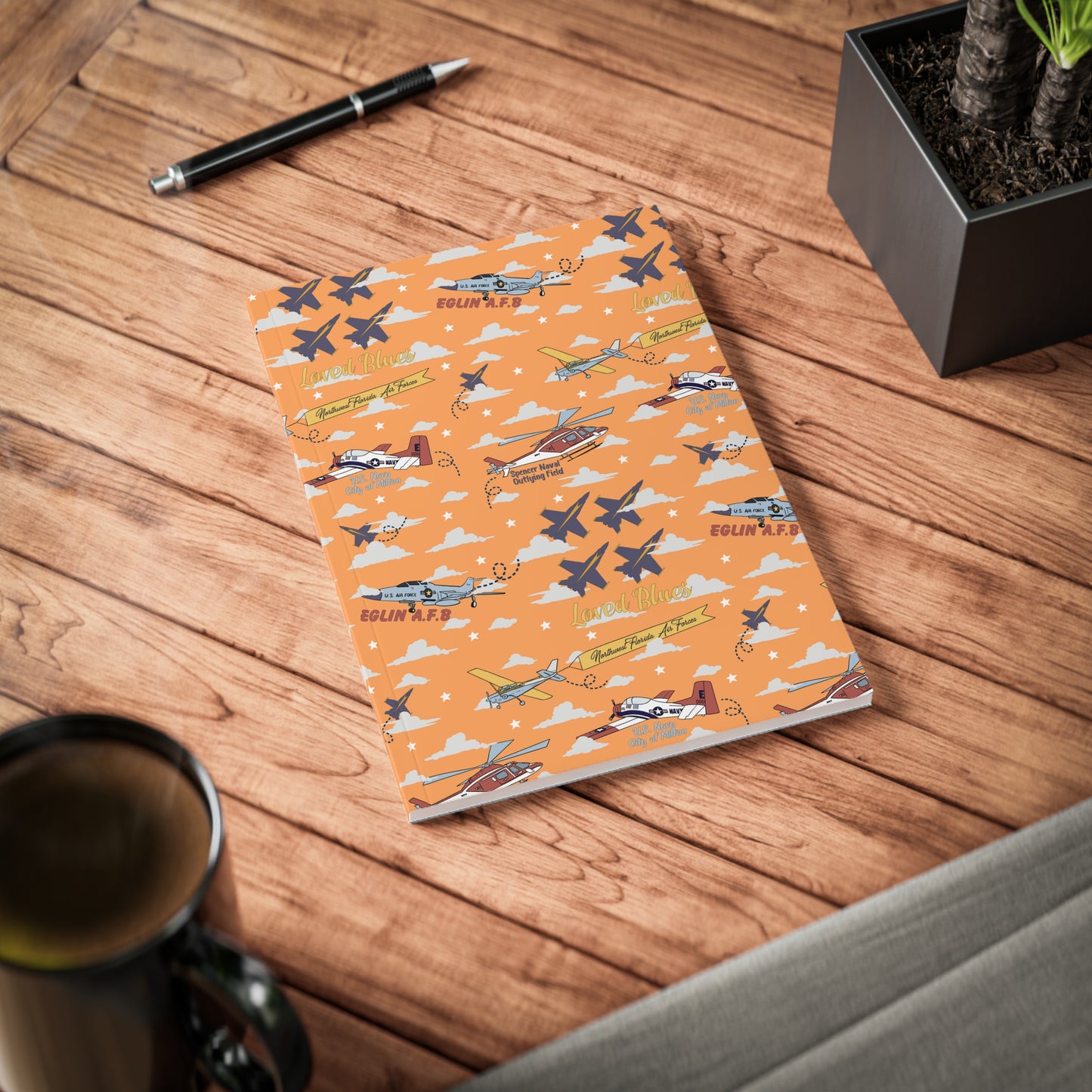 Paperback notebook with Blue Angels in orange, 150 sheets